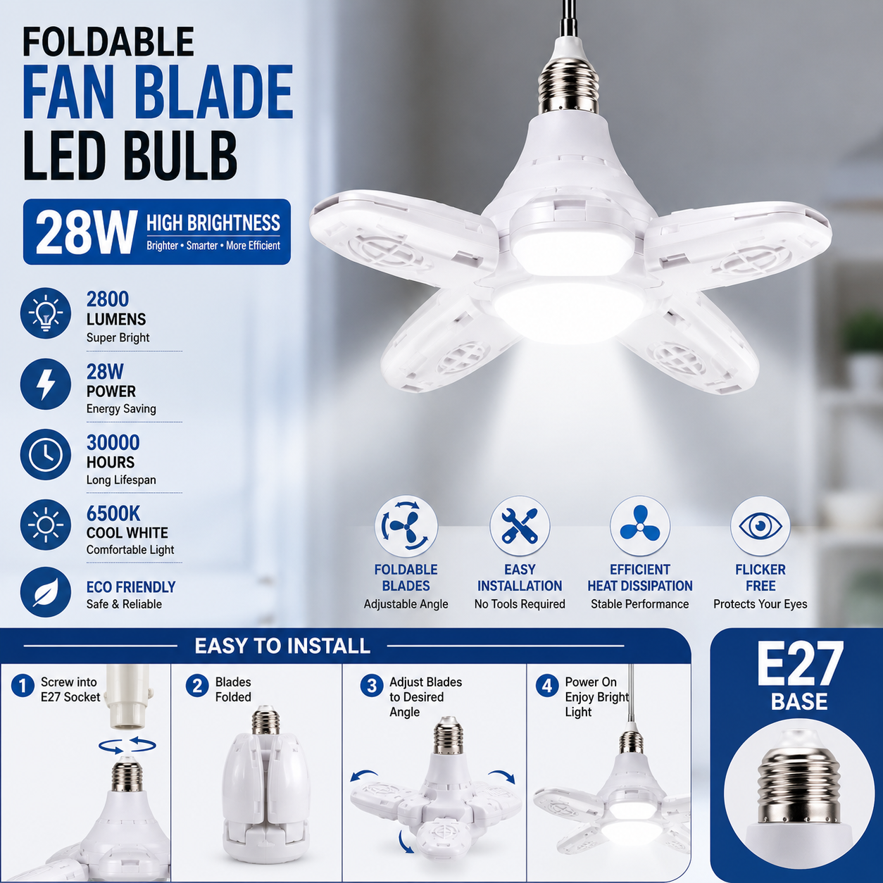 Foldable Fan Blade LED Bulb – 28W