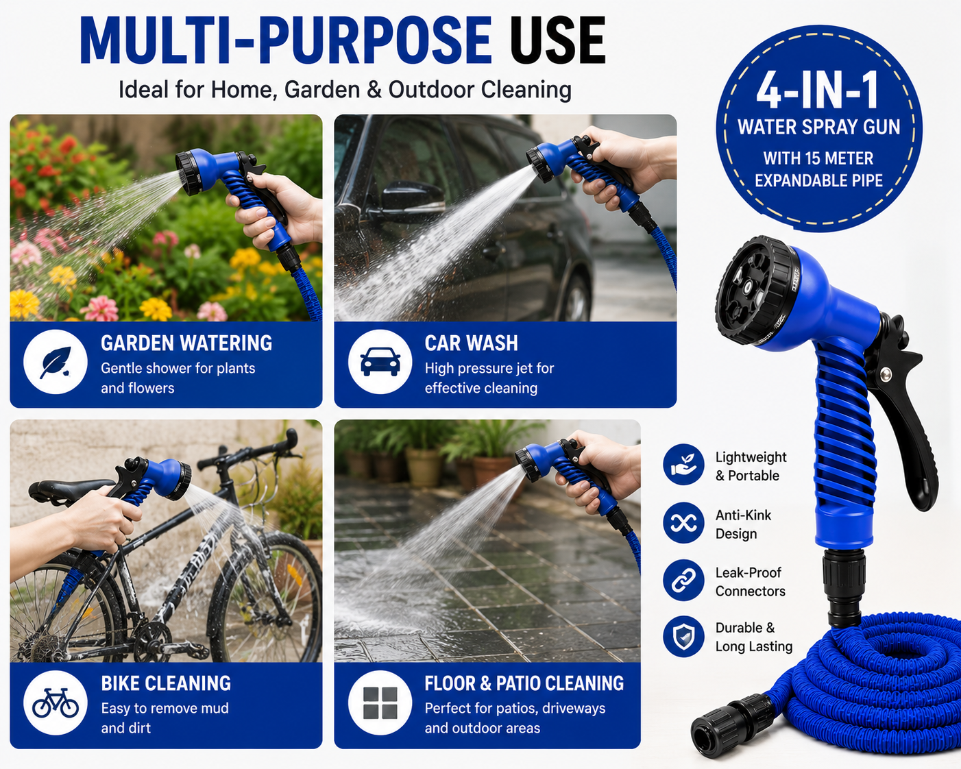 4-in-1 Water Spray Gun With 15 Meter Expandable Pipe
