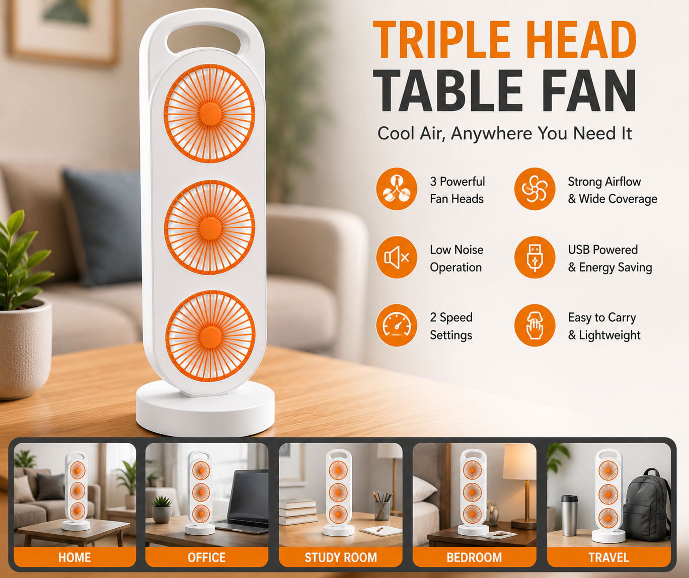 Triple Head Table Fan