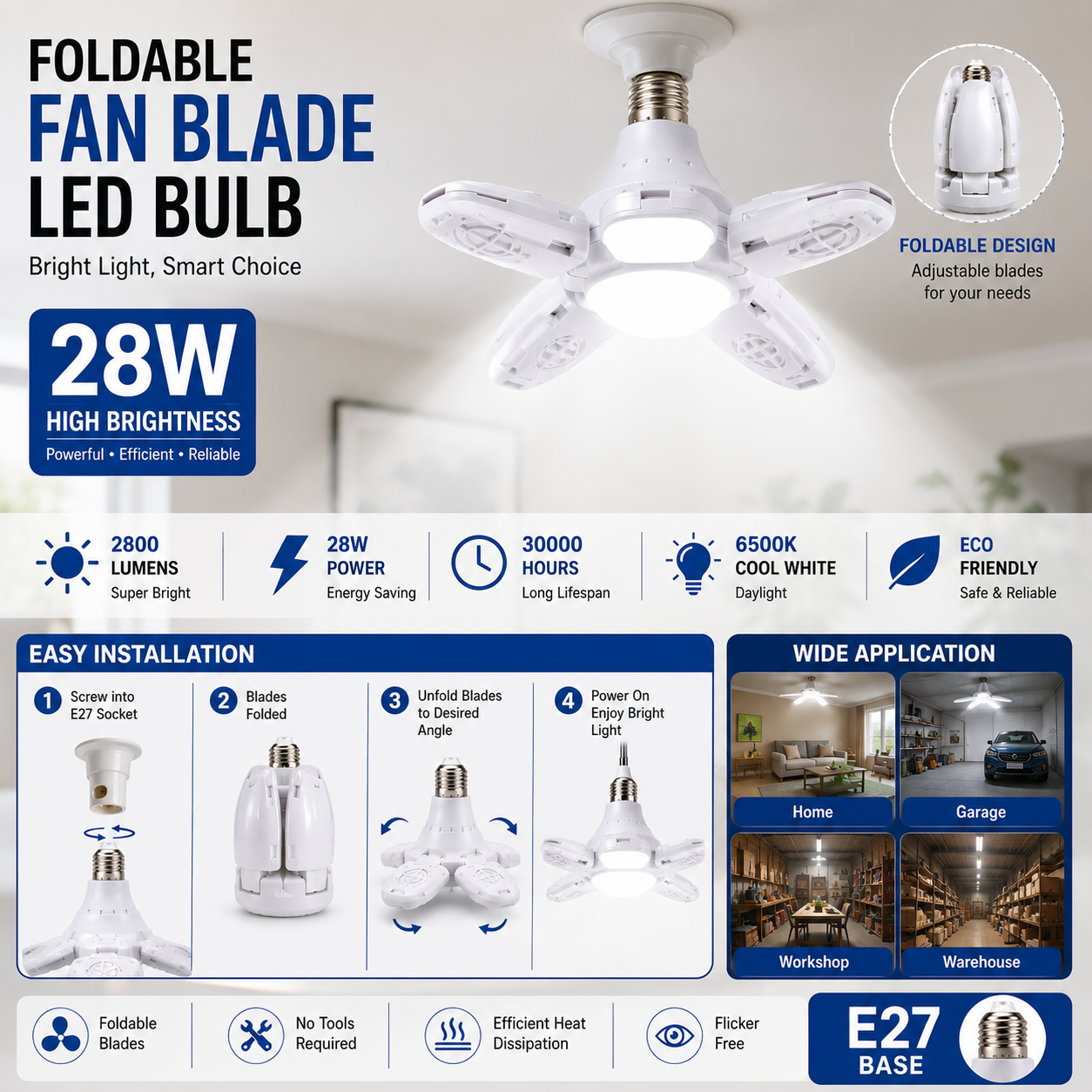 Foldable Fan Blade LED Bulb – 28W