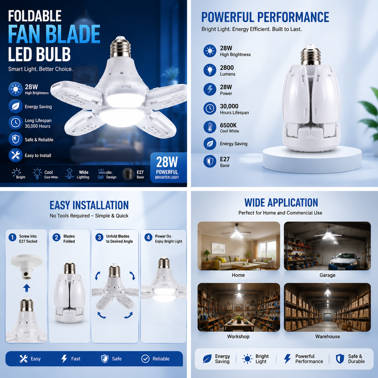 Foldable Fan Blade LED Bulb – 28W