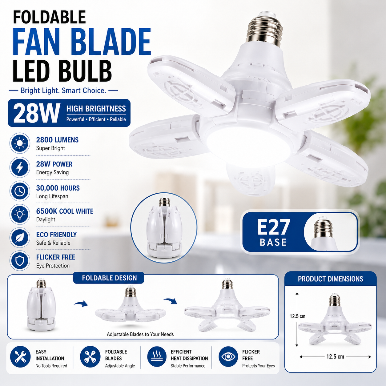Foldable Fan Blade LED Bulb – 28W