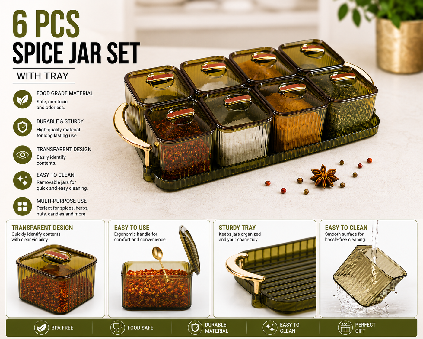 Transparent Spice Jar Set with Tray