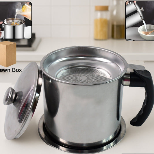 Stainless Steel Oil Strainer Pot With Lid And Filter Mesh (1 Set)